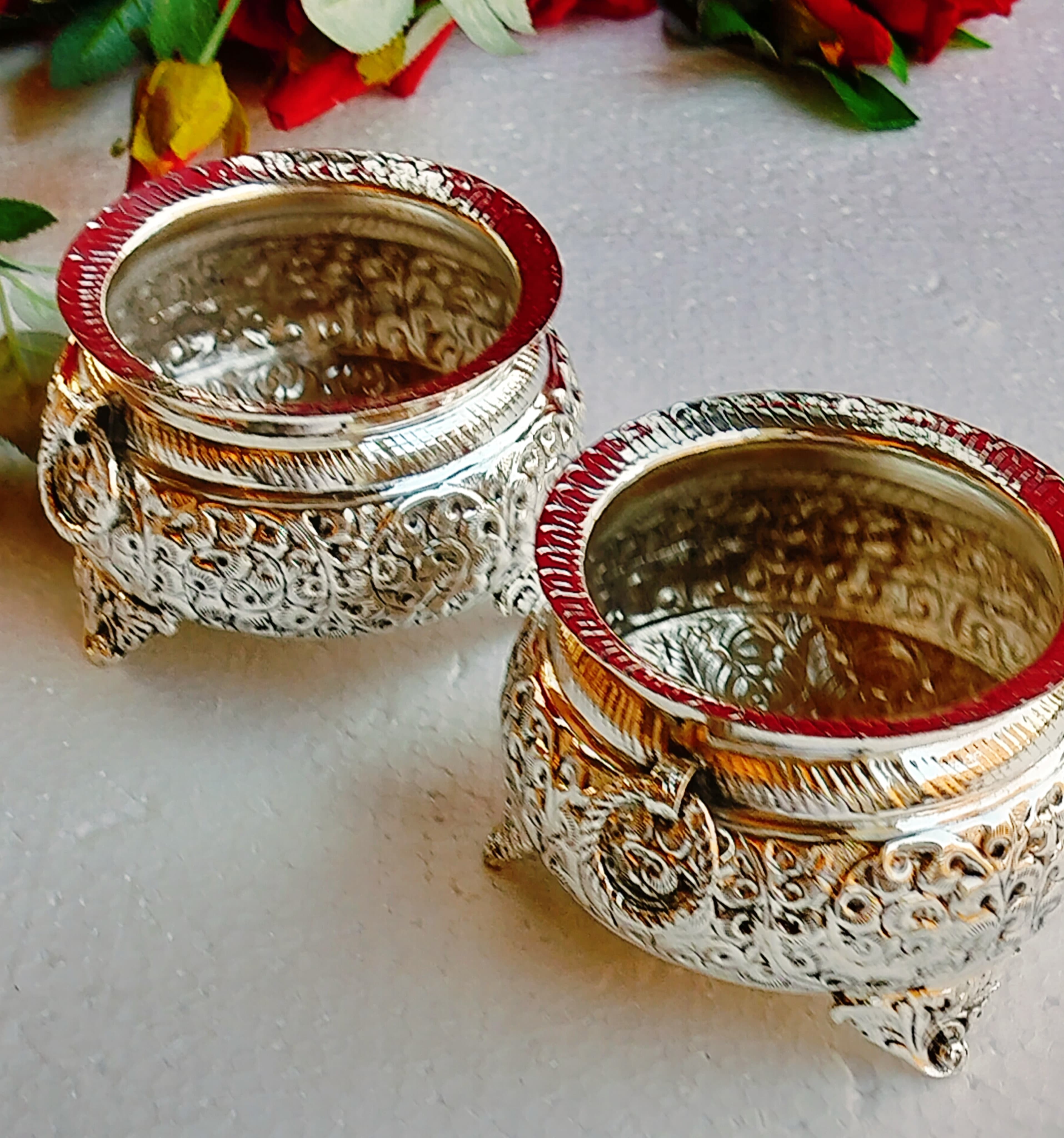 German silver set of 2 antique finish new mini urli bowl with both side kada/rings